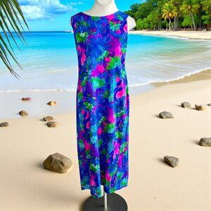 Royal Hawaiian Vintage Blue Foral Maxi Tiki Hostess Dress